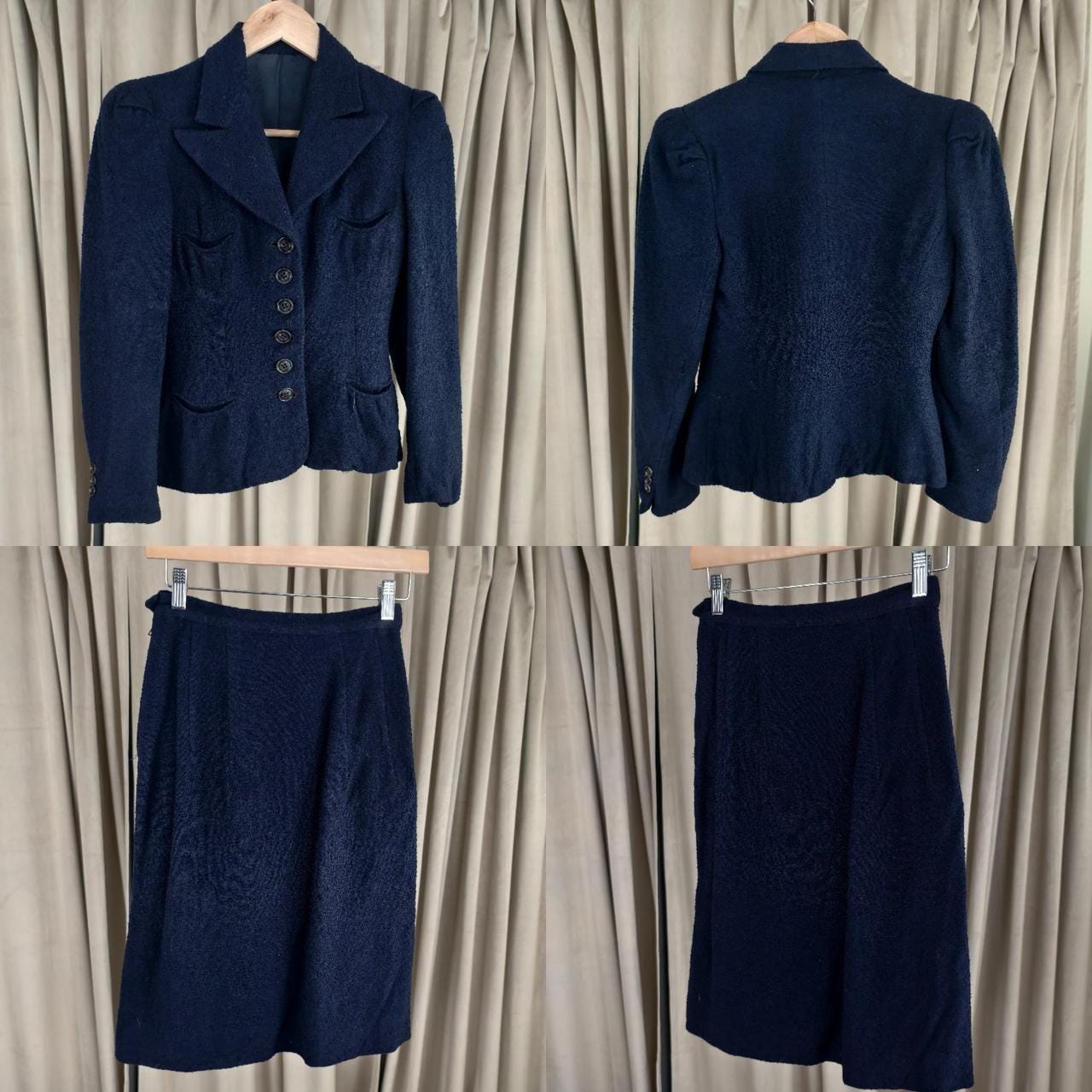 Vintage Navy Wool Fitted Skirt Suit with Puffy Shoulders