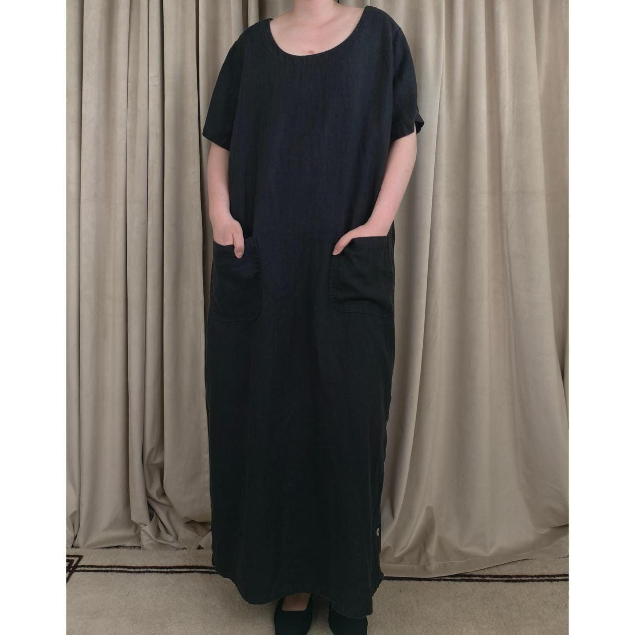 Vintage Studio East Black Linen Maxi Short Sleeve Dress