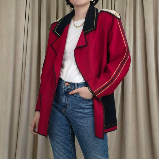 Vintage Handmade Red and Black Colorblock Wool Jacket Blazer with Gold Accents