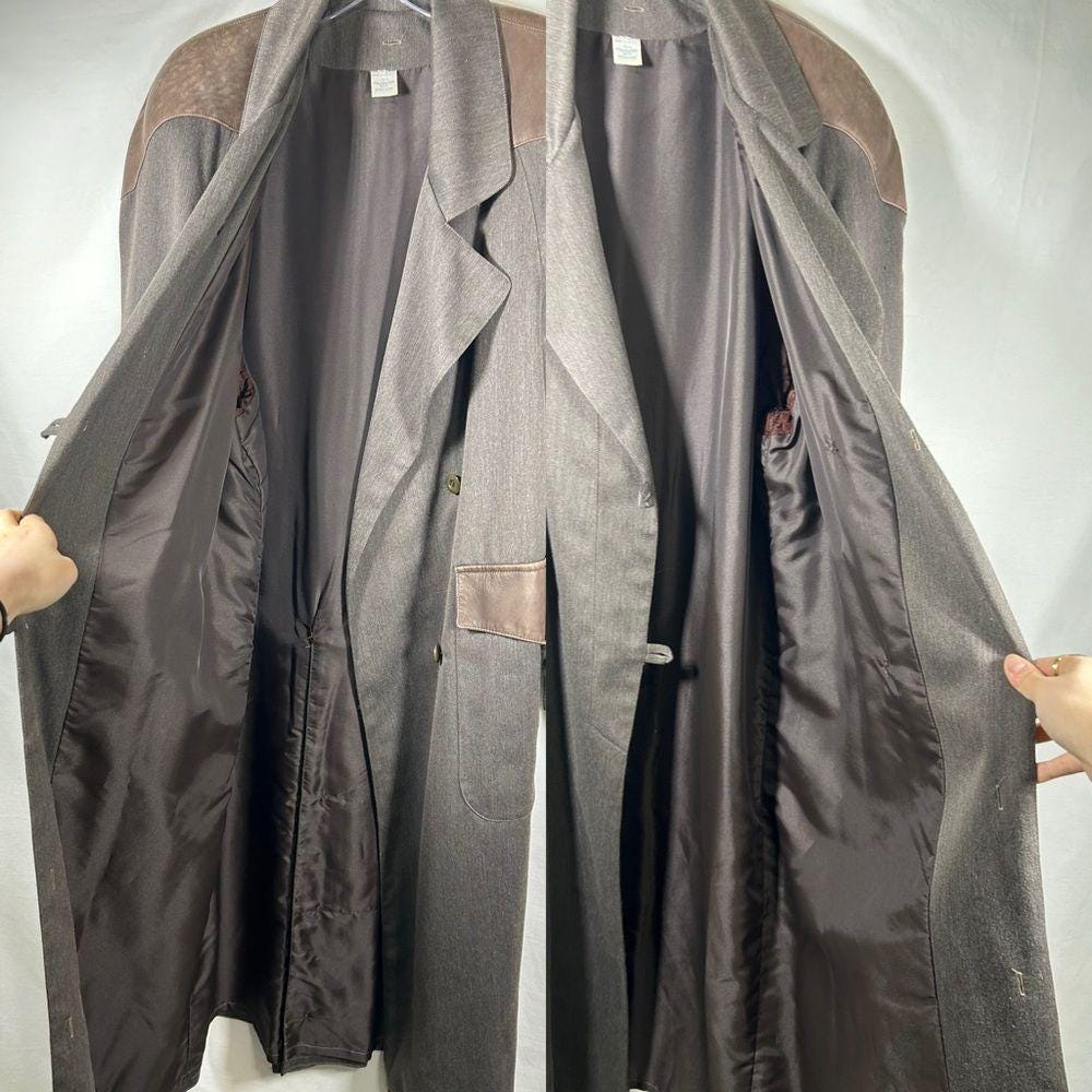 Vintage Made in France Grey Trench Coat with Faux Leather Detailing