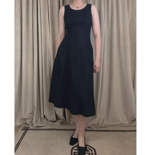 J.Jill Black Linen Midi Dress with Pleated Bodice and Flared Skirt
