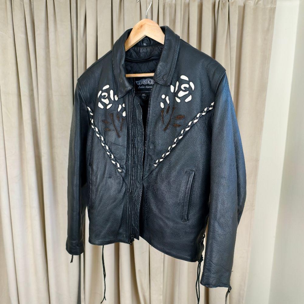 RARE Vintage UNIK Black Leather Biker Jacket with White Rose Floral Design
