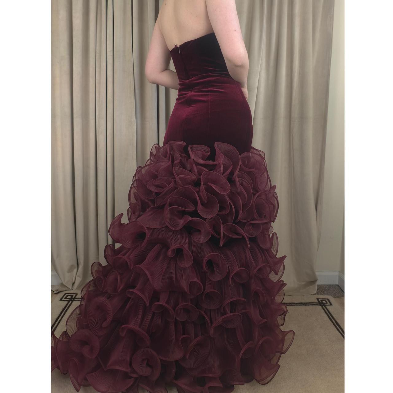Vintage Jovani Strapless Velvet Burgundy Ruffle Mermaid Evening Gown Prom Dress