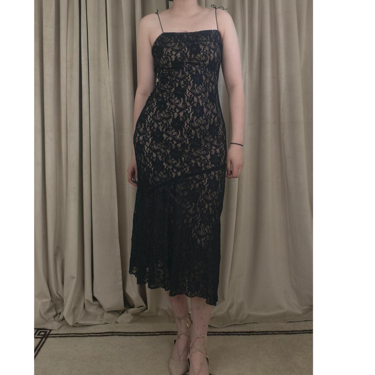 Vintage Black Lace Slip Drop Waist Dress with Spaghetti Straps