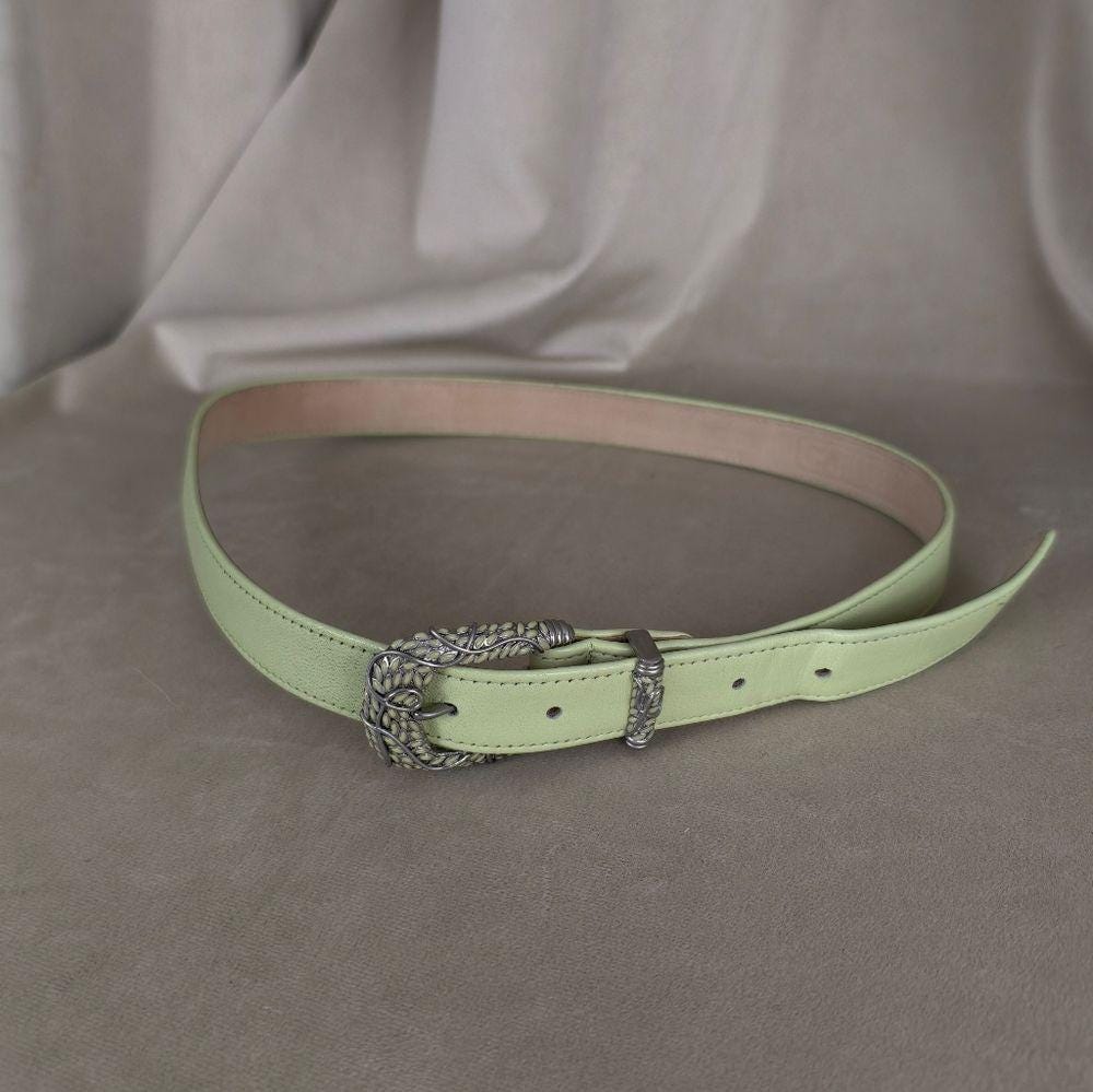 Vintage Carlisle Mint Green Genuine Leather Belt with Ornate Buckle
