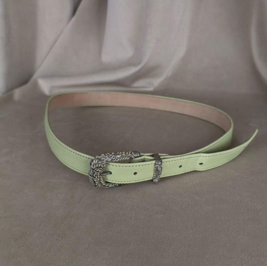 Vintage Carlisle Mint Green Genuine Leather Belt with Ornate Buckle