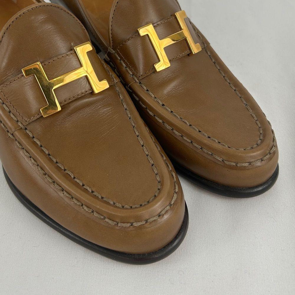 Vintage Hermes Brown Genuine Leather Heeled Loafers