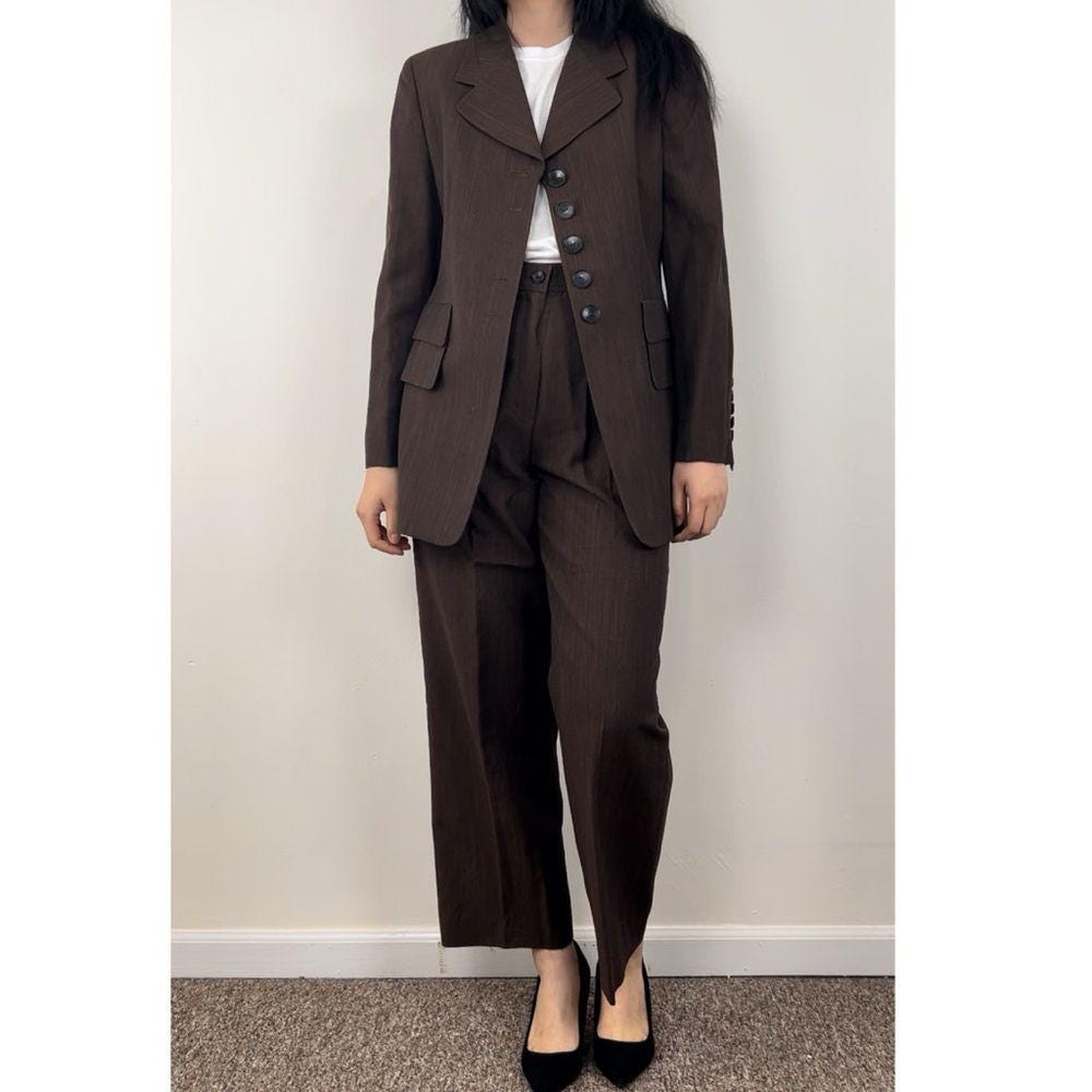 Vintage Escada Wool Linen Blend Lightweight Brown Pantsuit