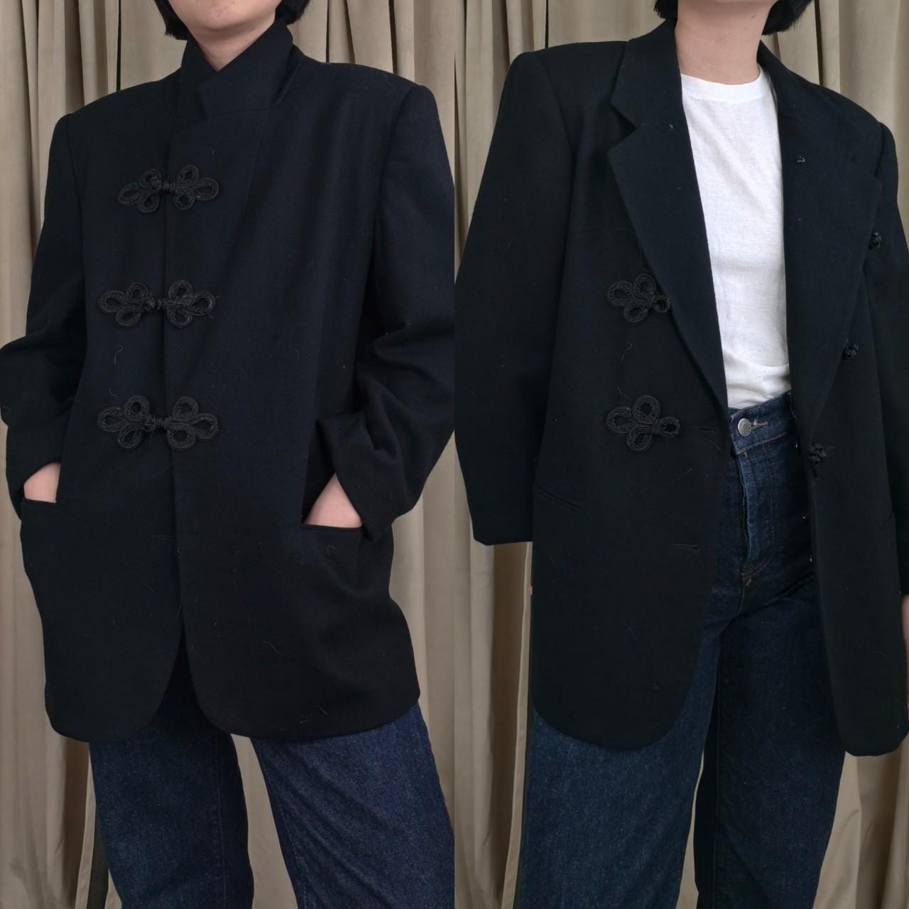 Reworked Vintage Black Wool Blazer Mandarin Tang Jacket