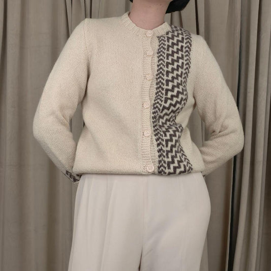 Vintage Cream and Brown Geometric Wool Sweater Cardigan