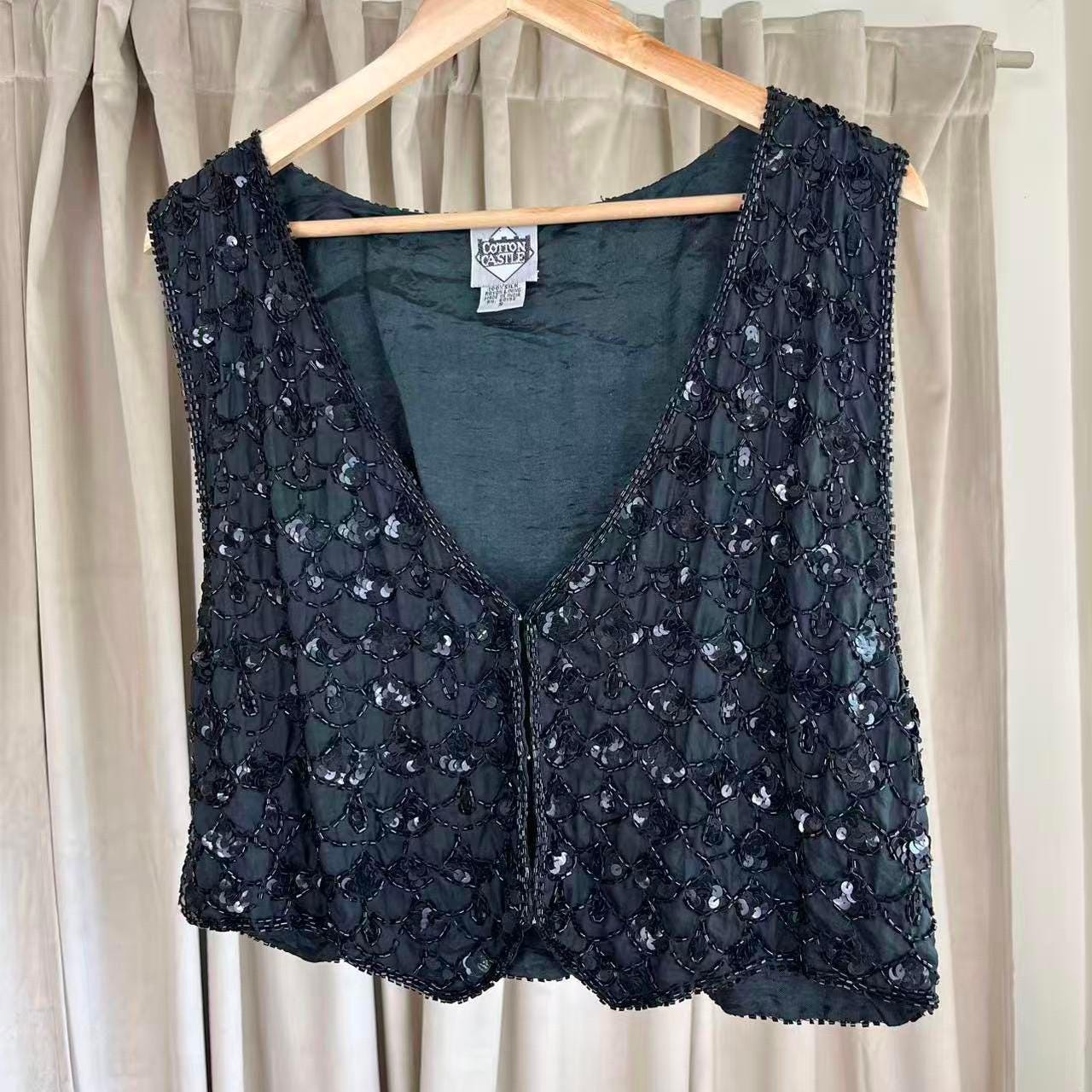 Vintage Cotton Castle Black Sequin Silk Vest