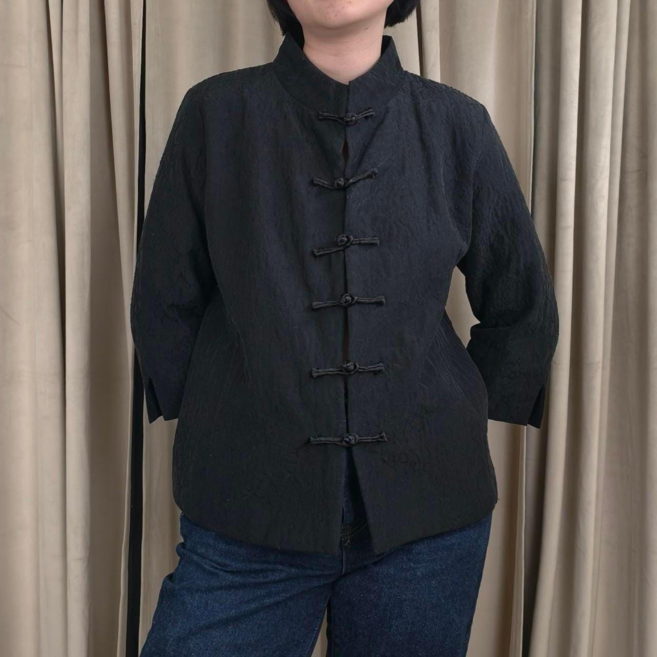Reworked Eileen Fisher Black Silk Embroidered Mandarin Jacket Tang Jacket