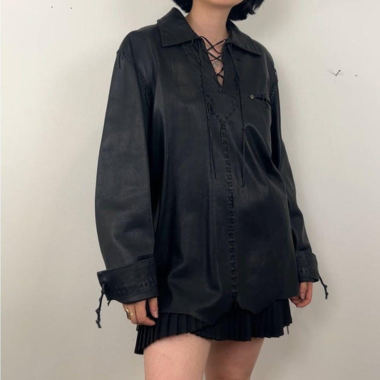 RARE Vintage Ralph Lauren Purple Label Black Lambskin  Shirt Lace Up Detailing