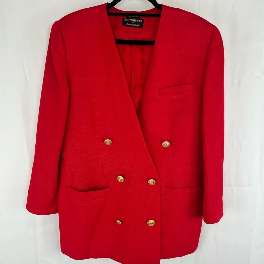 Vintage Collectible Gold Bright Red Linen Blend V Neck Blazer