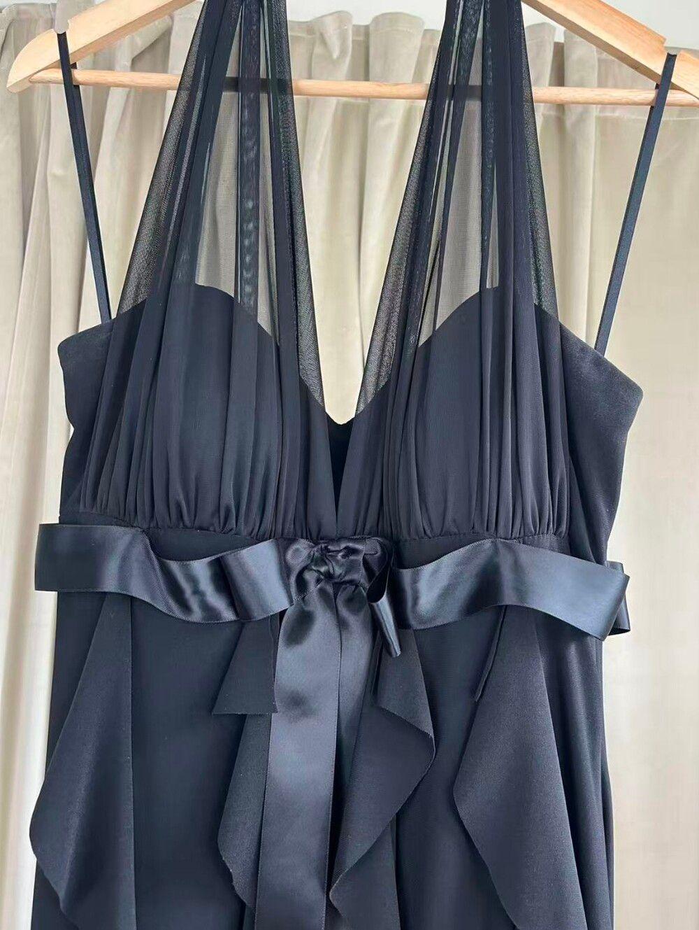 Vintage Betsy & Adam Elegant Black Halter Ruffle Backless Maxi Dress