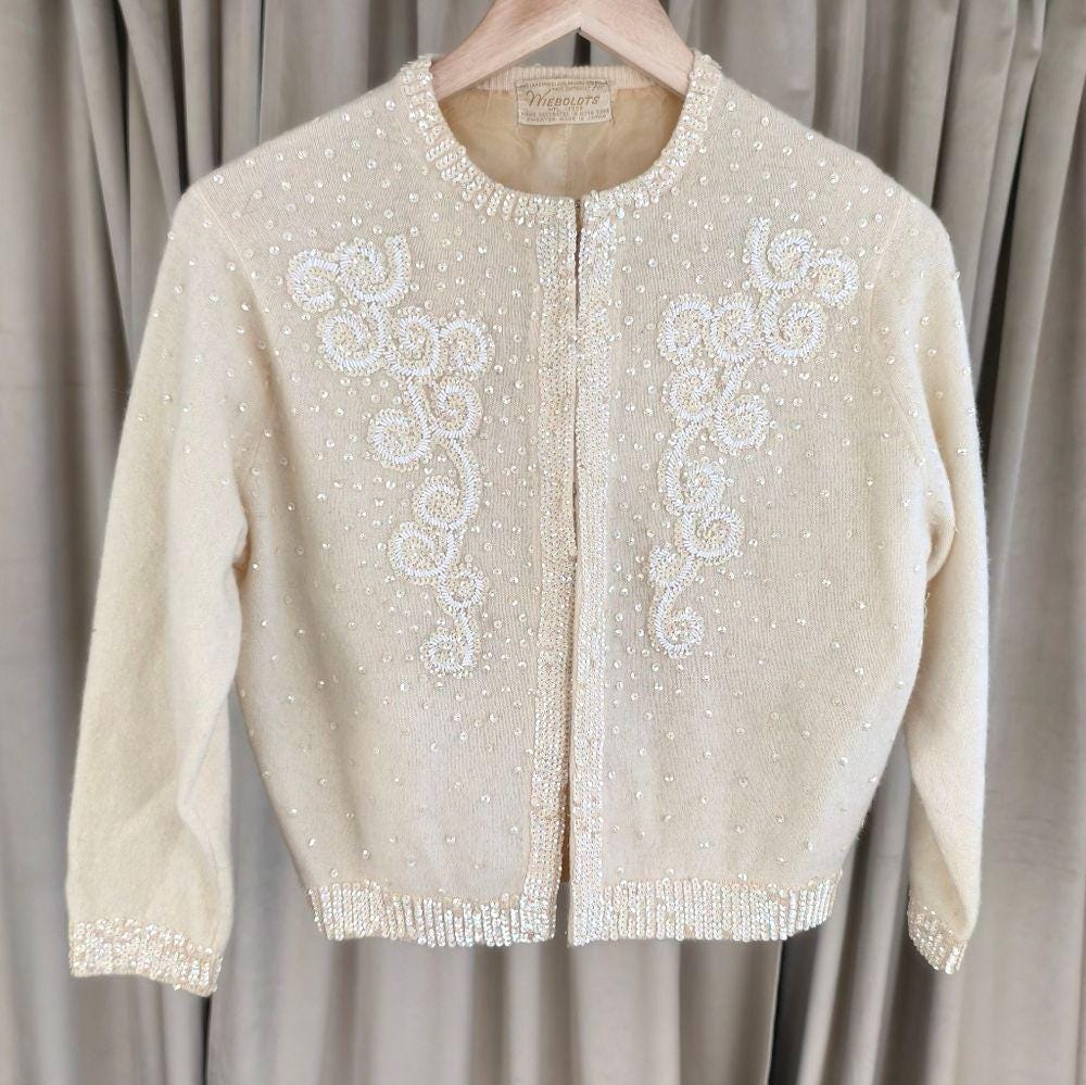 Vintage Wool and Rabbit Hair Cream Cardigan with Sequins Embellishments