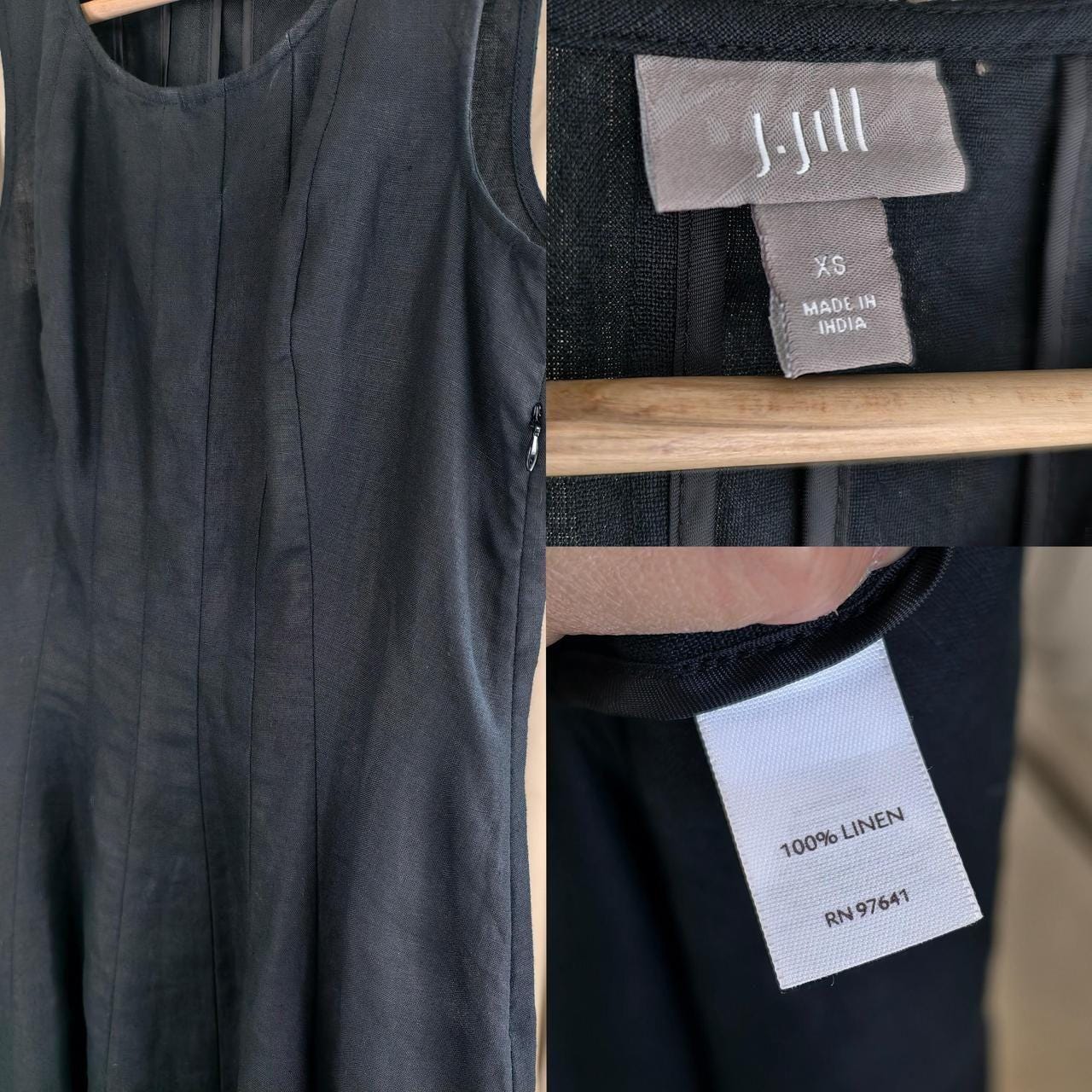 J.Jill Black Linen Midi Dress with Pleated Bodice and Flared Skirt