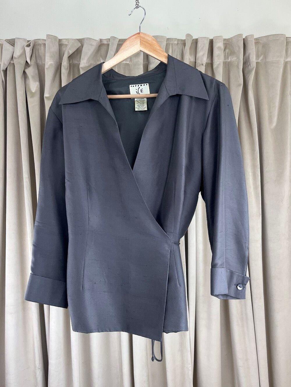 Vintage Grey Silk Shantung Wrap Blouse Shacket
