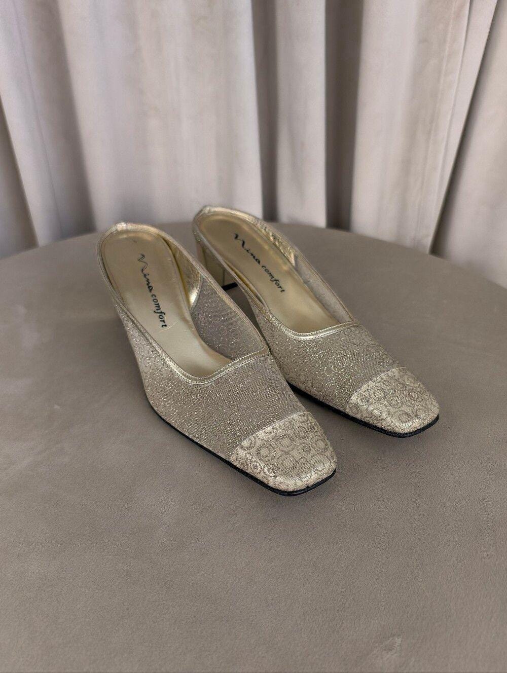 Vintage Mina Metallic Sheer Champagne-Gold Slip On Mules