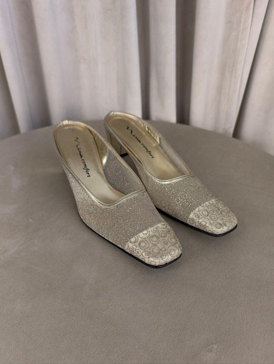 Vintage Mina Metallic Sheer Champagne-Gold Slip On Mules