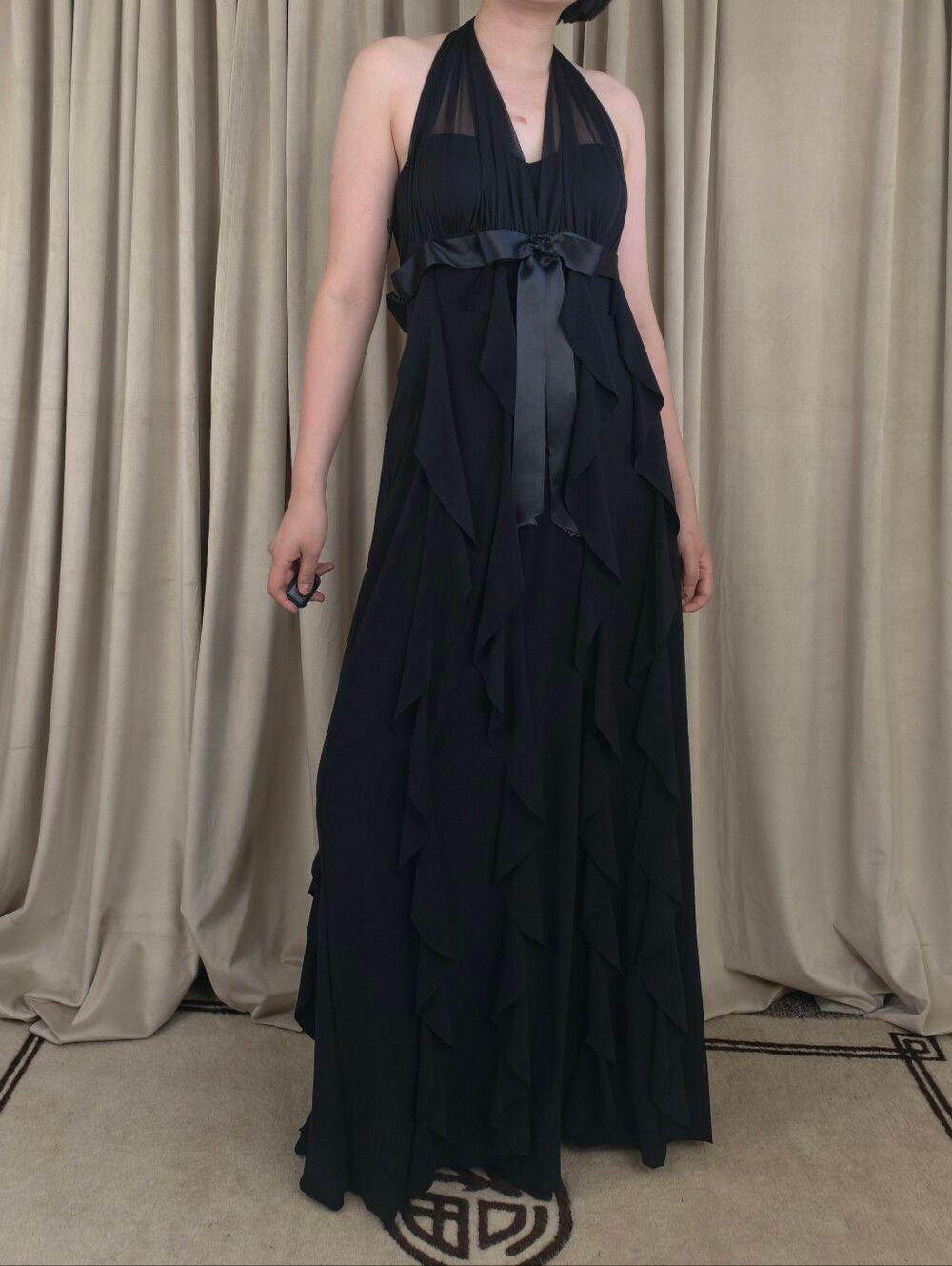 Vintage Betsy & Adam Elegant Black Halter Ruffle Backless Maxi Dress