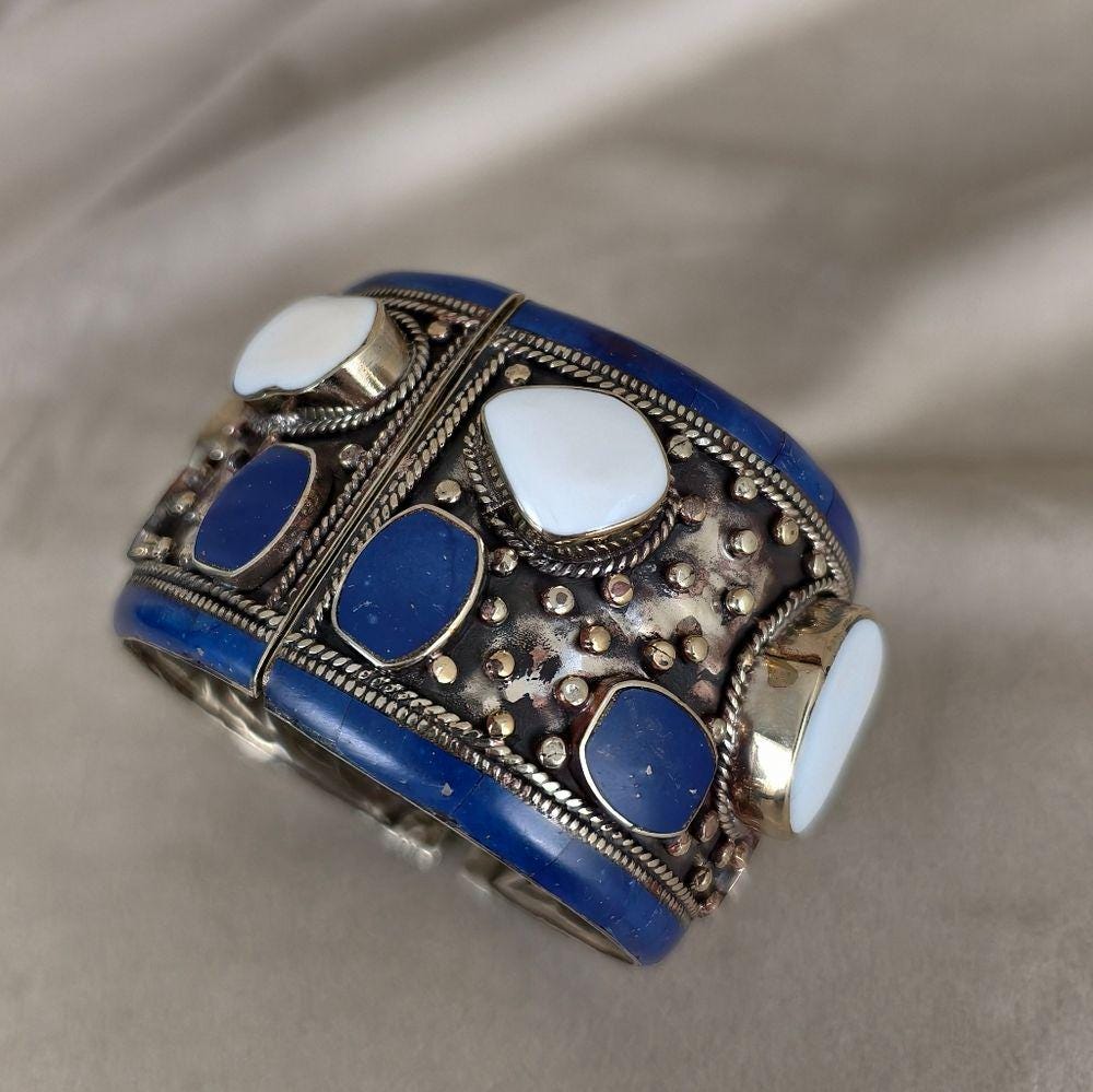 Antique Tibetan Sterling Silver Blue and White Handmade Bracelet