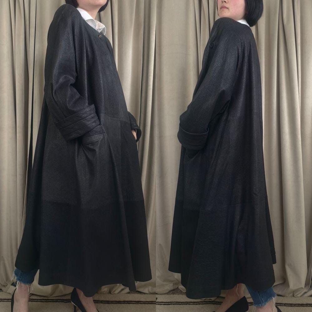 Vintage Mario Valentino Black Full Length Leather Trench Coat Dress