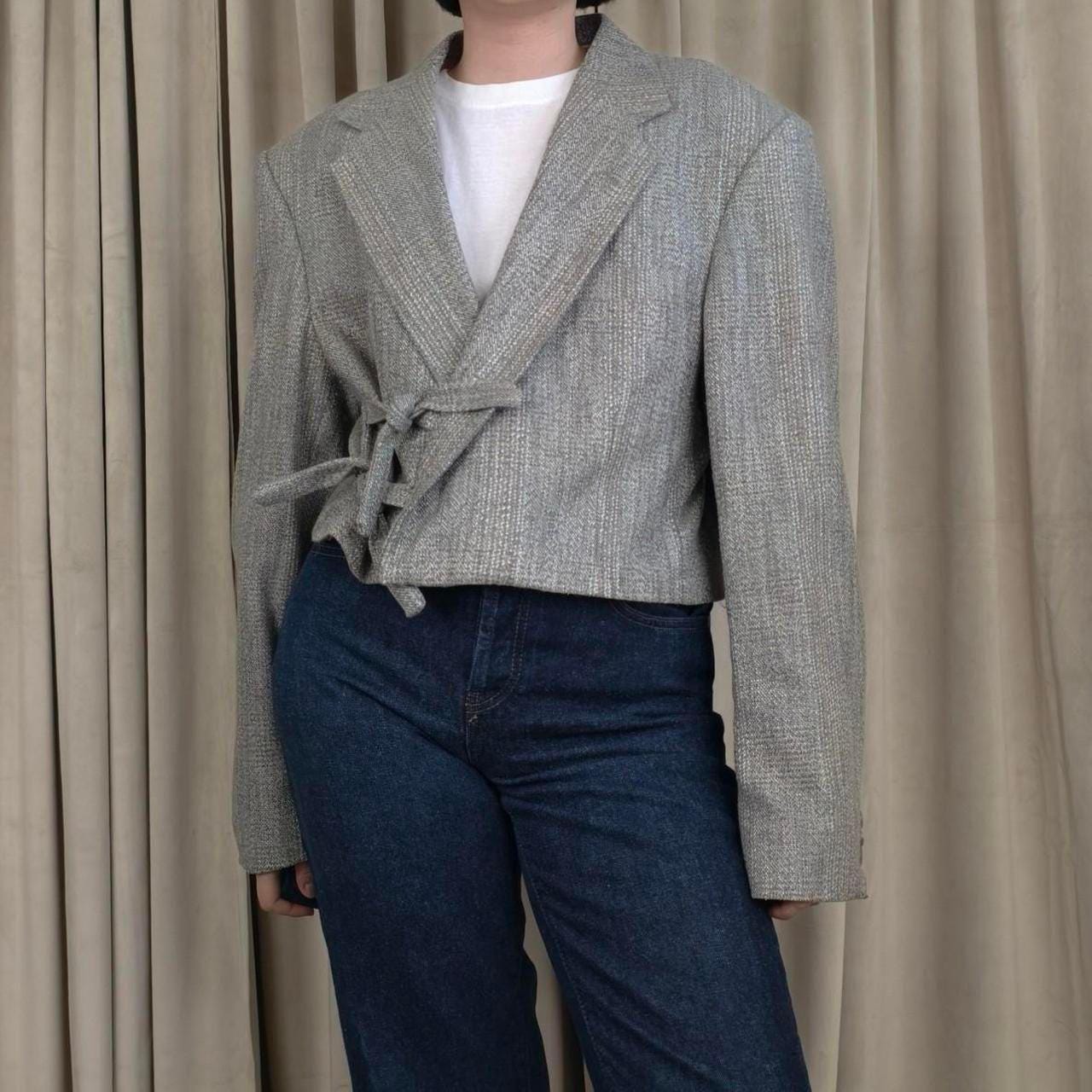 Reworked Vintage Grey Cropped Tweed Blazer with Tie Detail