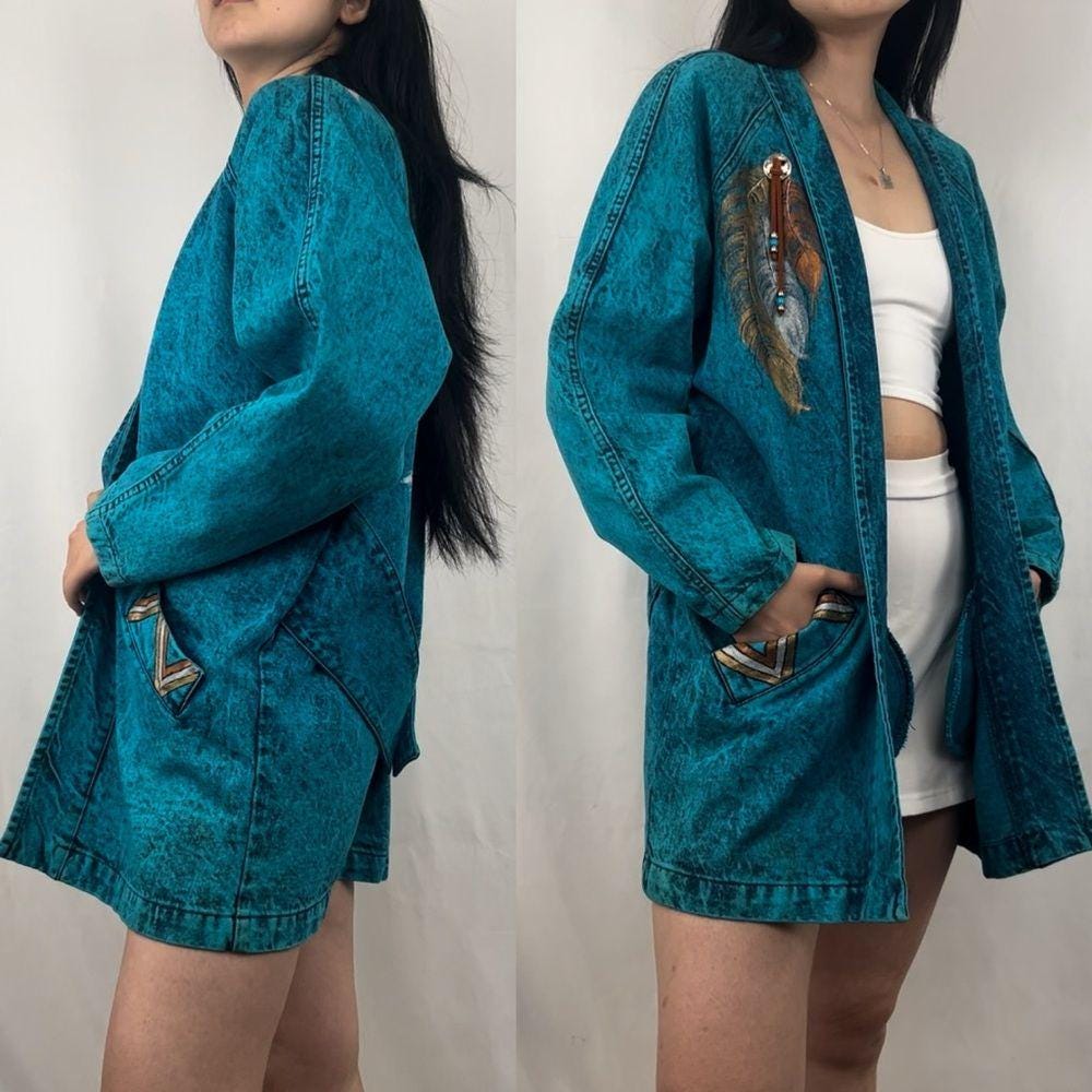 RARE! Vintage Sundance Hand Painted Indigenous Tribal Denim Long Jacket