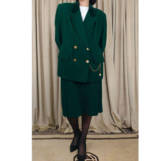 Vintage Kasper Green Wool Skirt and Blazer Suit with Gold Accents