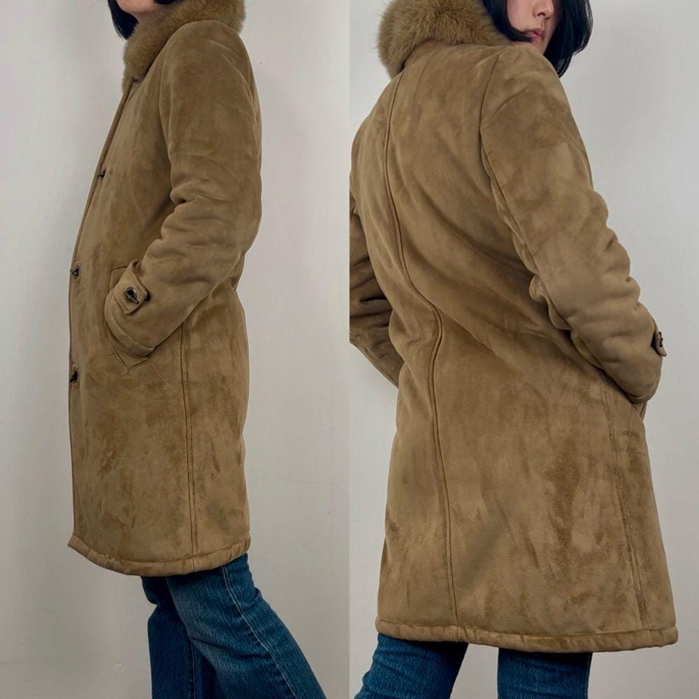 Vintage Brown Tan Dana Buchman Faux Fur Shearling Coat with Fur Collar