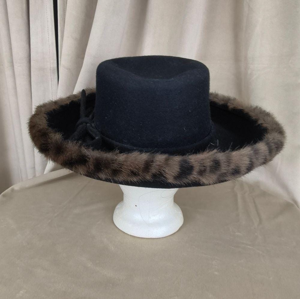 Vintage Black Wool Rimmed Hard Hat with Leopard Faux Fur Trim