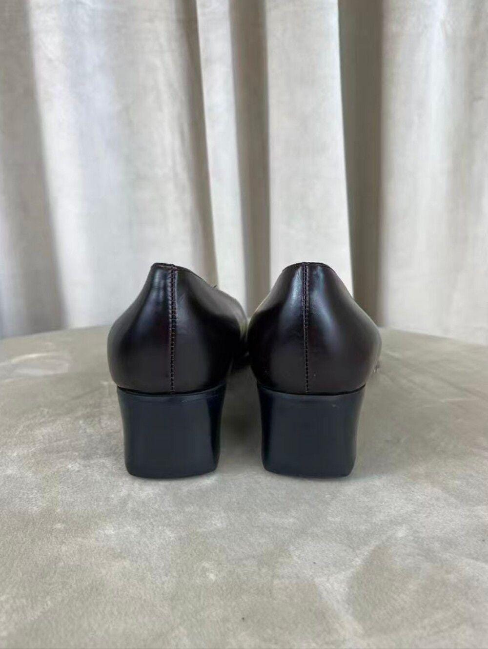 Vintage Nine West Dark Brown Leather Low Block Heel Pumps Flats