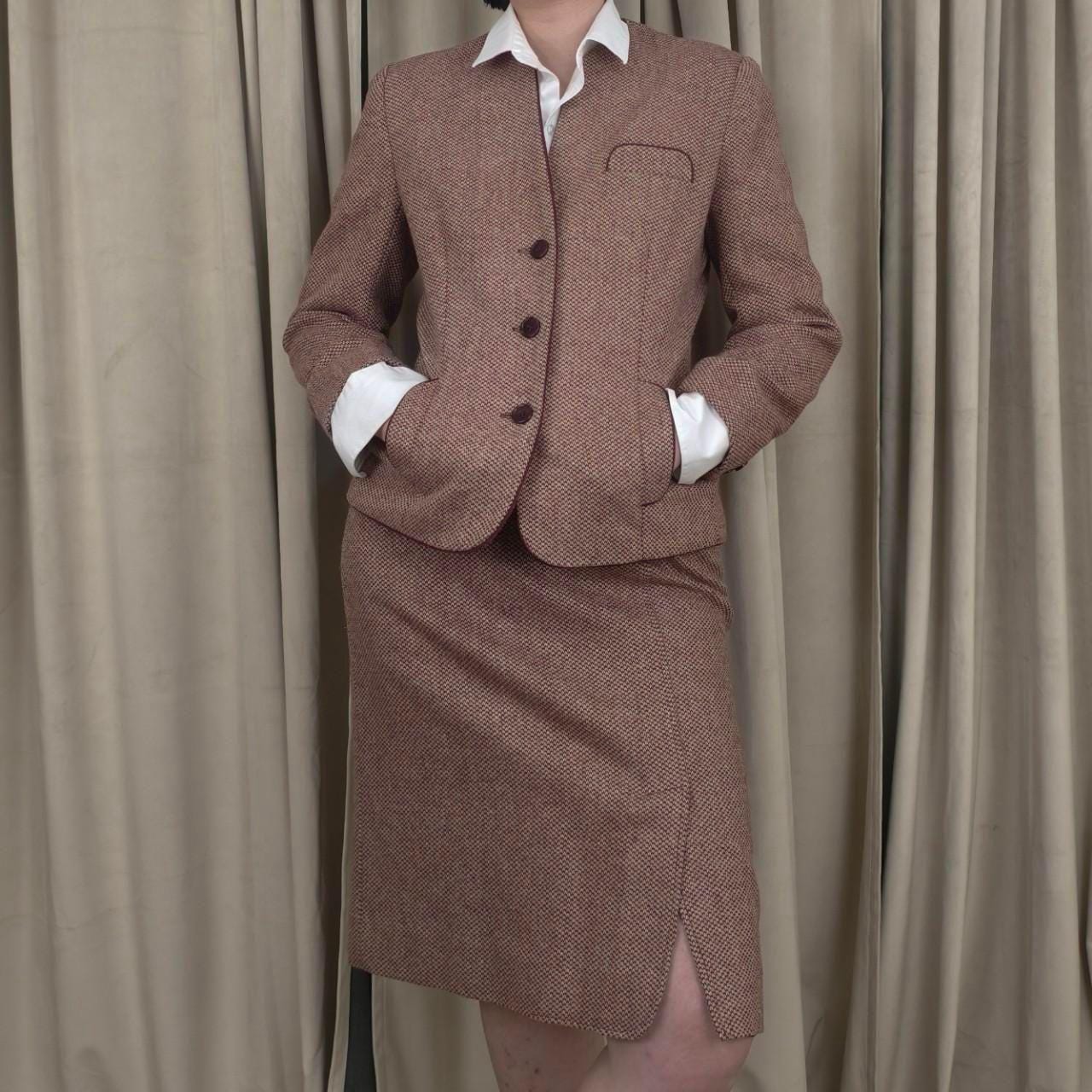 Vintage Red Tweed Wool Skirt Suit