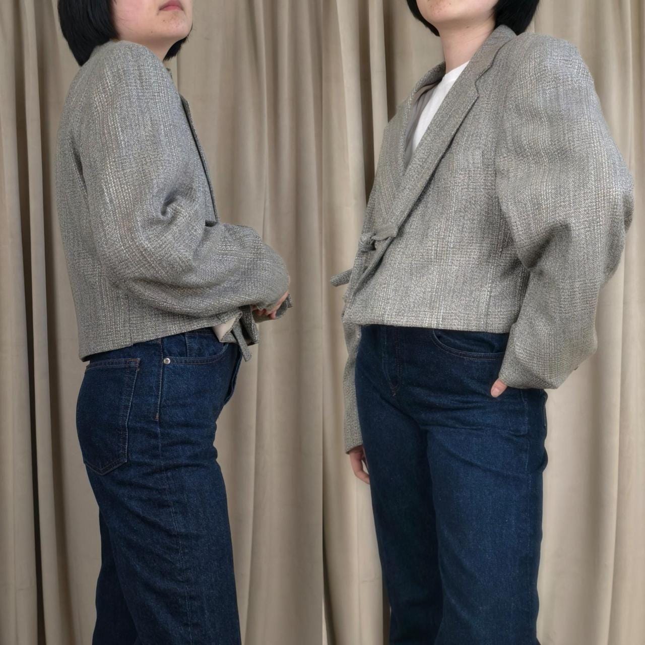 Reworked Vintage Grey Cropped Tweed Blazer with Tie Detail