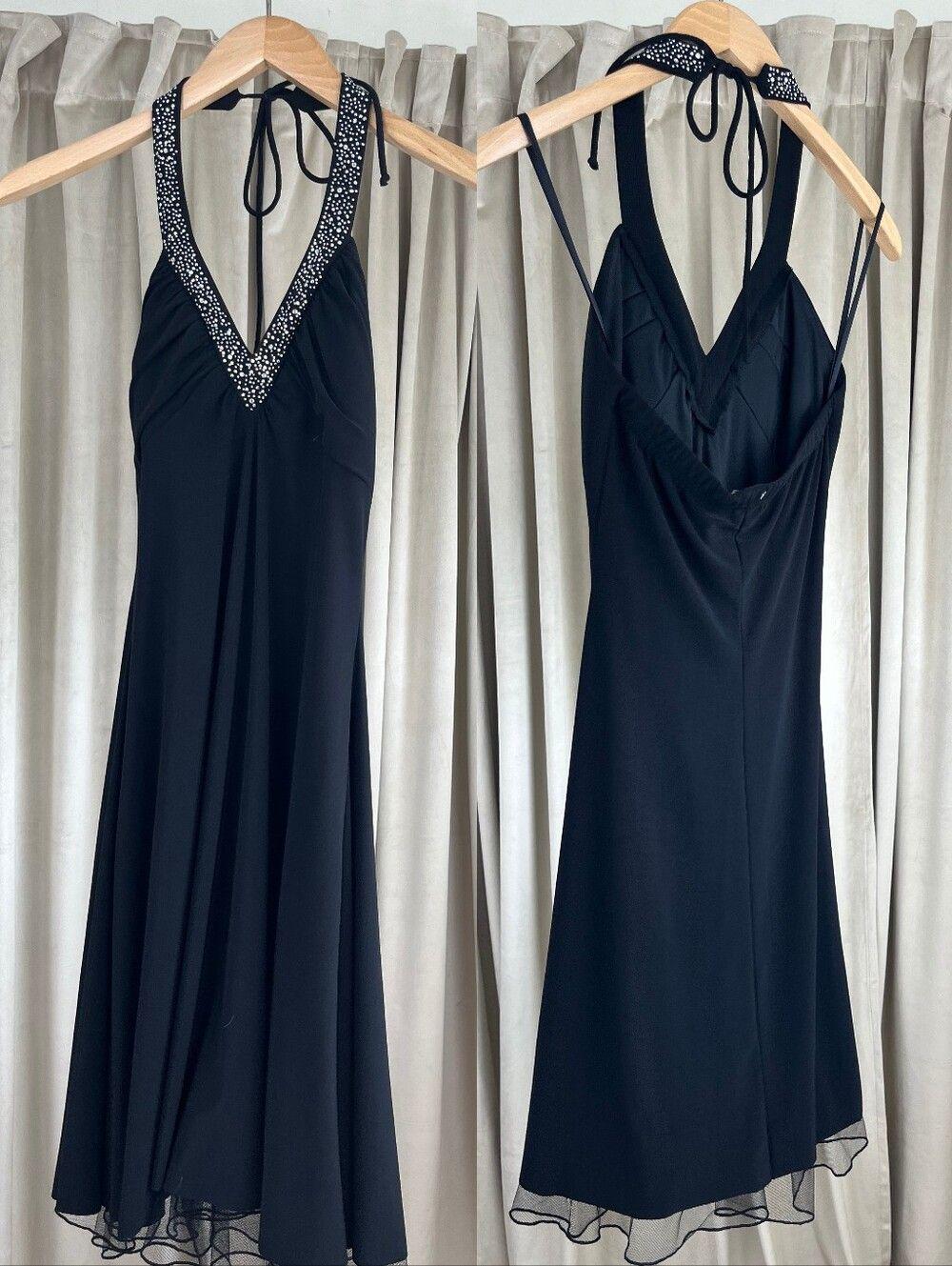 Vintage Betsy & Adam Black Halter V-Neck Embellished Open Back Evening Dress