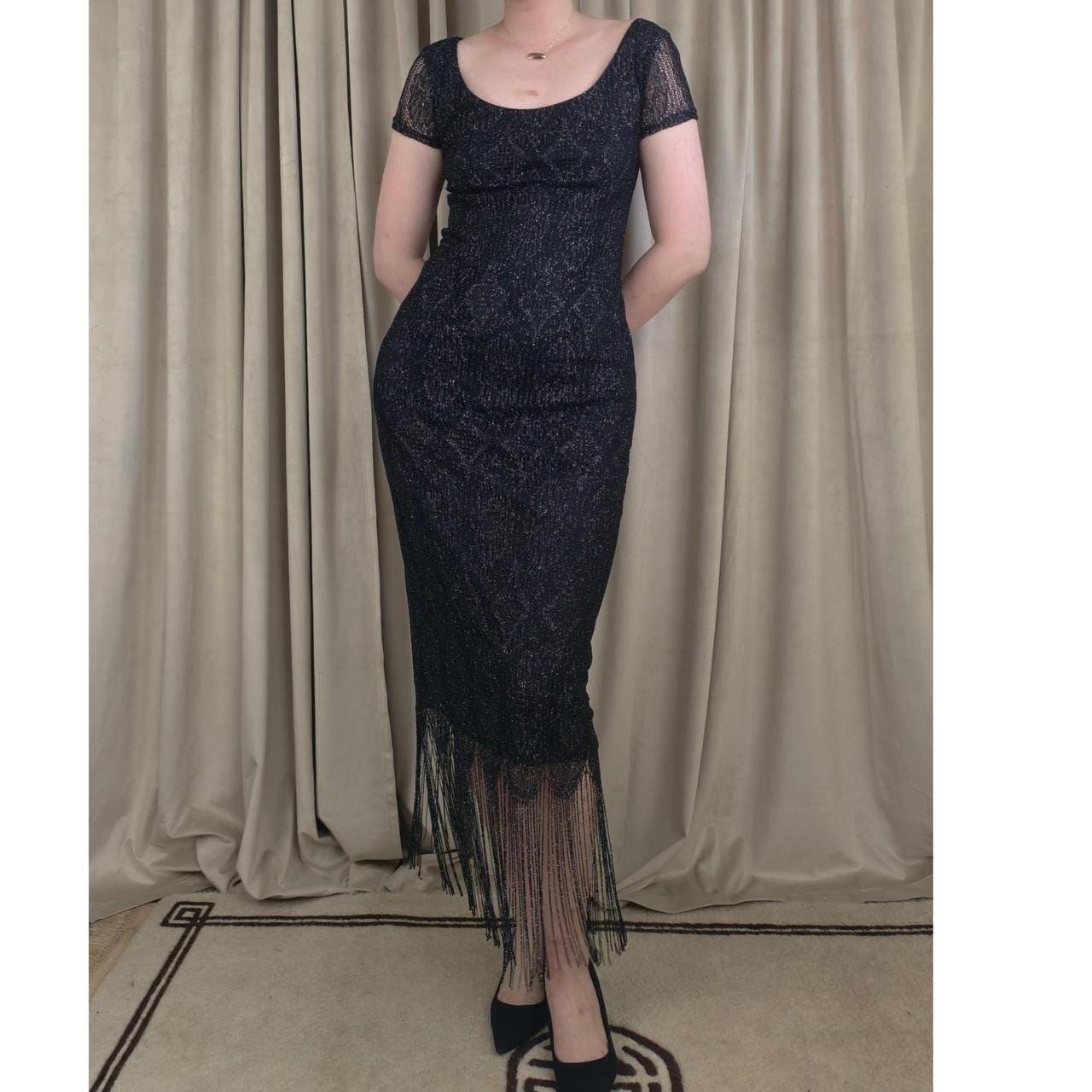 Vintage Onyx Nite Black Silver Metallic Lace Dress with Fringe Hem