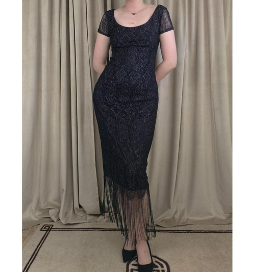 Vintage Onyx Nite Black Silver Metallic Lace Dress with Fringe Hem