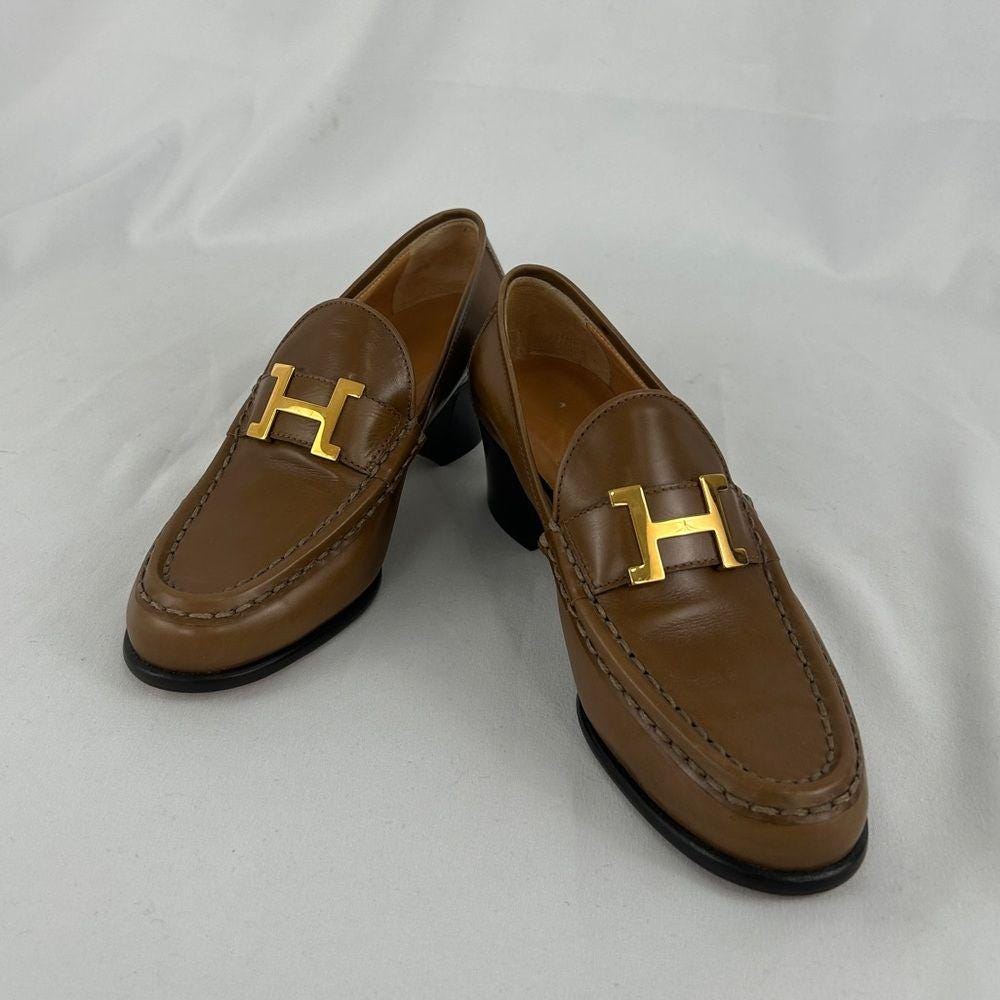 Vintage Hermes Brown Genuine Leather Heeled Loafers