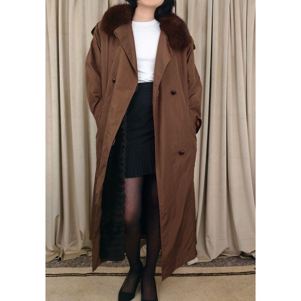 Vintage Bronze Brown Fur-Trimmed and Lined Full Length Trench Coat