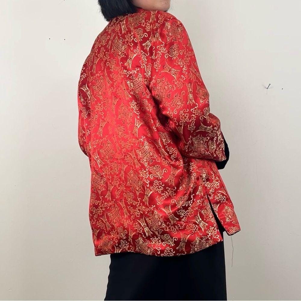 Vintage Red and Black Reversible Satin and Velvet Embroidered Asian Jacket