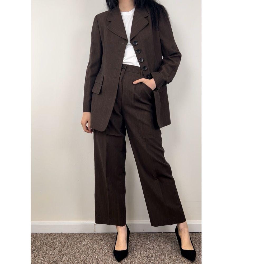 Vintage Escada Wool Linen Blend Lightweight Brown Pantsuit