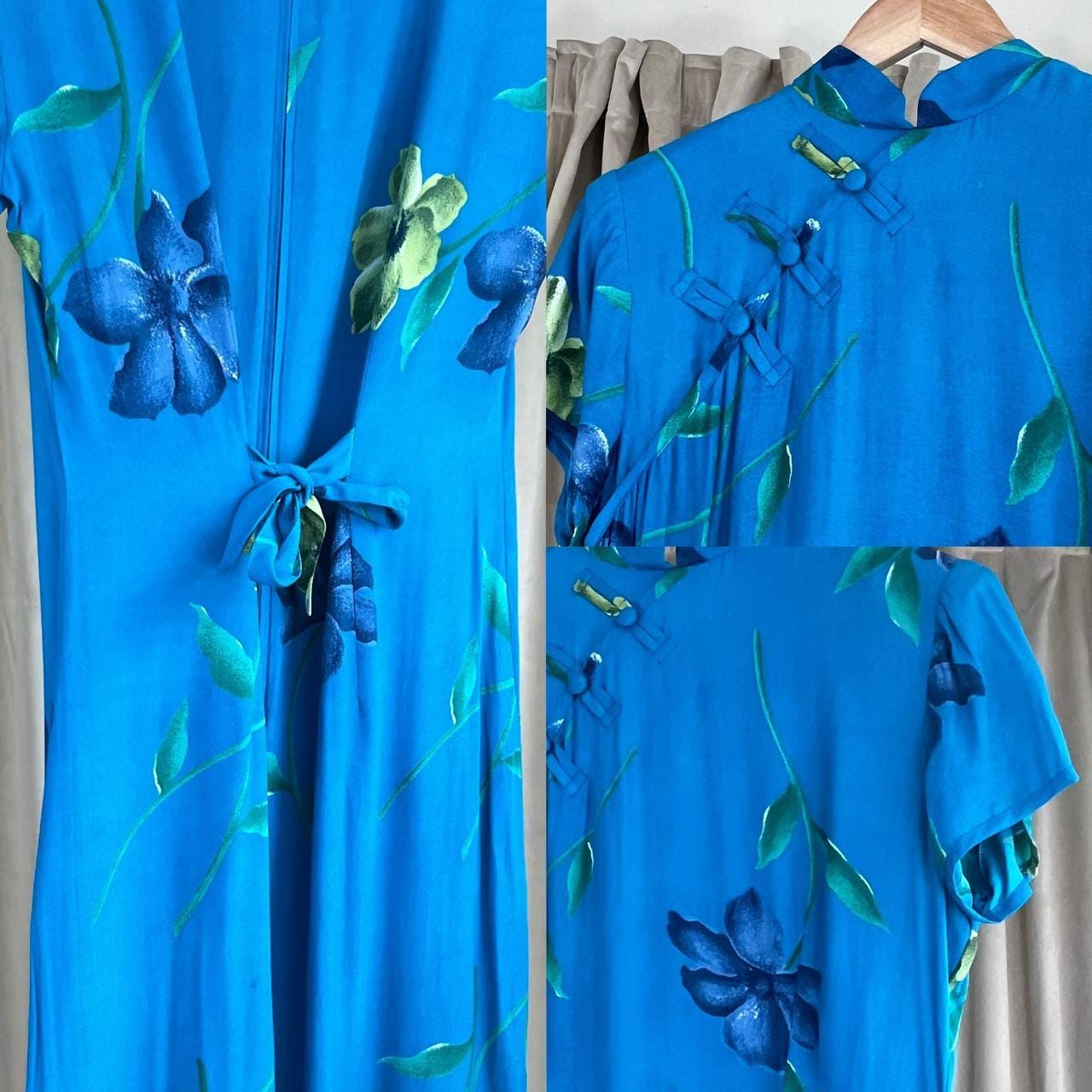 Vintage DJI Blue Floral Rayon Qipao Dress
