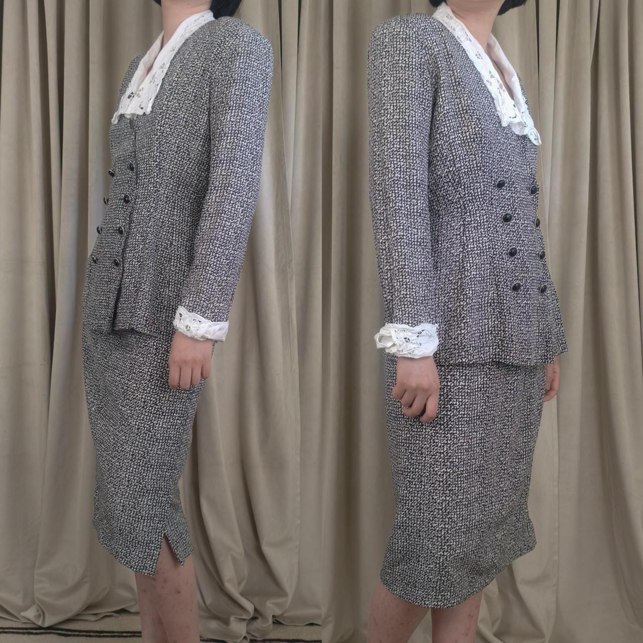 Vintage Nancy Johnson Silk black & white Skirt Suit