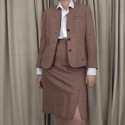 Vintage Red Tweed Wool Skirt Suit