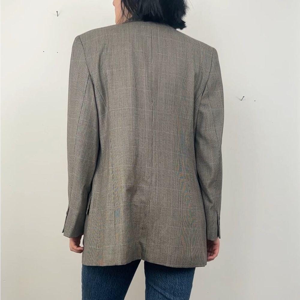 Vintage Burberry Plaid Tan Grey Wool Silk Blazer