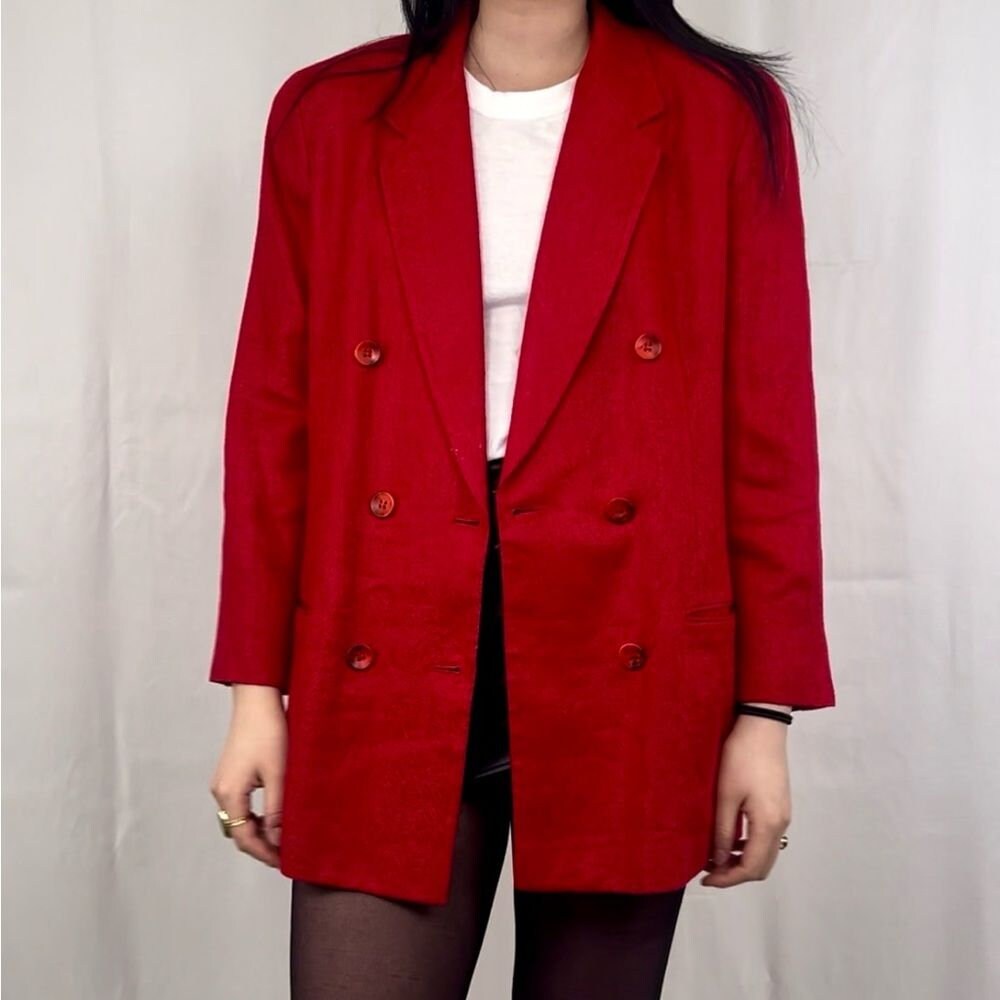Vintage Liz Claiborne Pertitte Red 100% Linen Double Breasted Blazer
