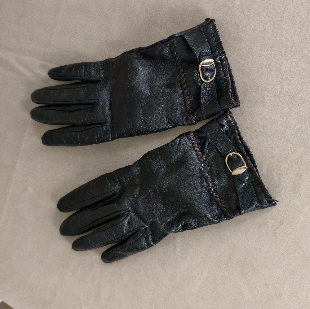 Vintage Black Leather Gloves with Gold Buckle