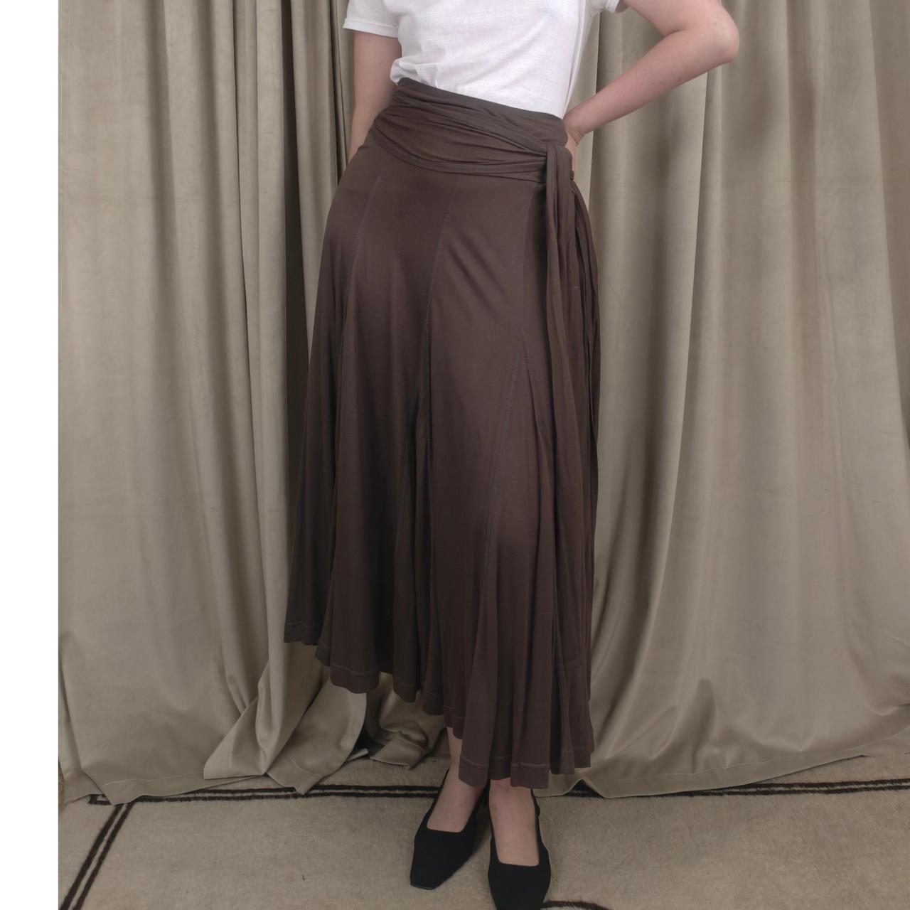 Lapis Brown Pleated Midi Skirt with Tie Waist