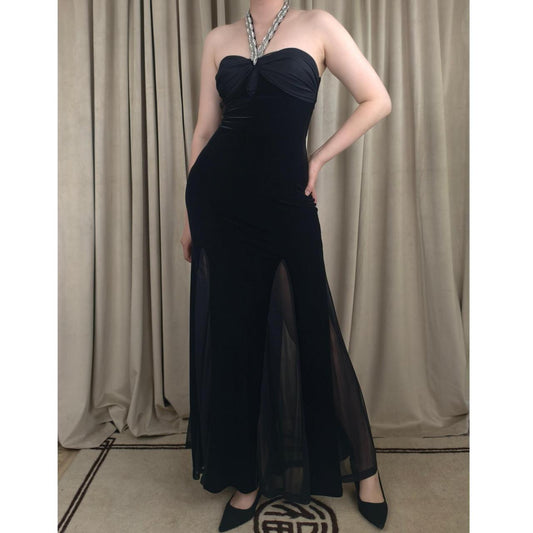 Betsy & Adam Black Velvet Halter Neck Maxi Dress Prom Gown